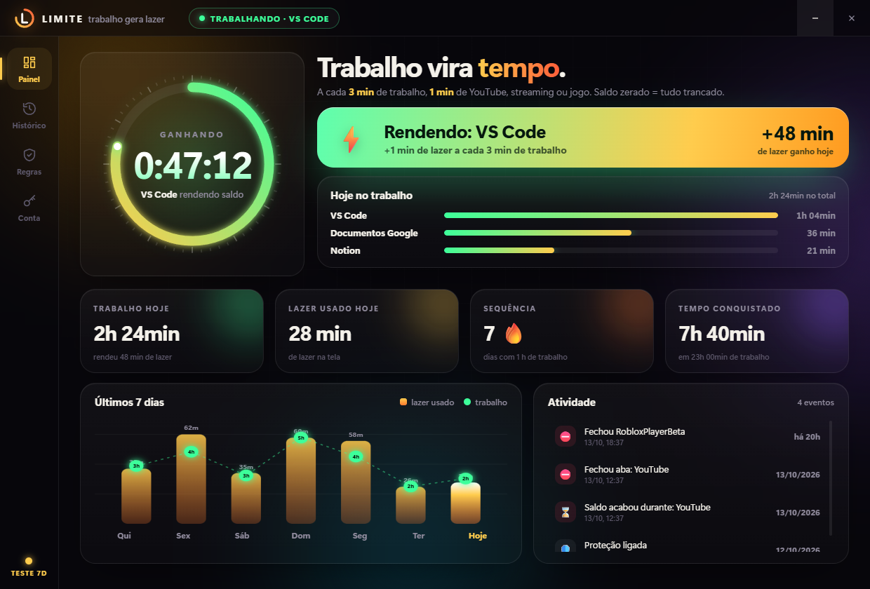 Tela de regras do Limite: lista de apps e sites que contam como trabalho e como lazer